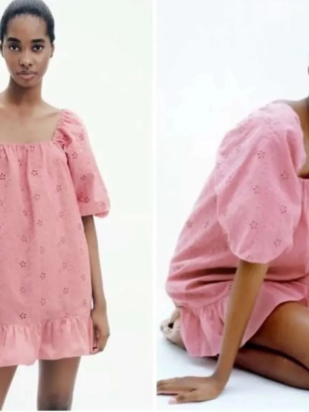 Zara Pink Eyelet Puff-Sleeve Babydoll Dress - Picture 2 of 7